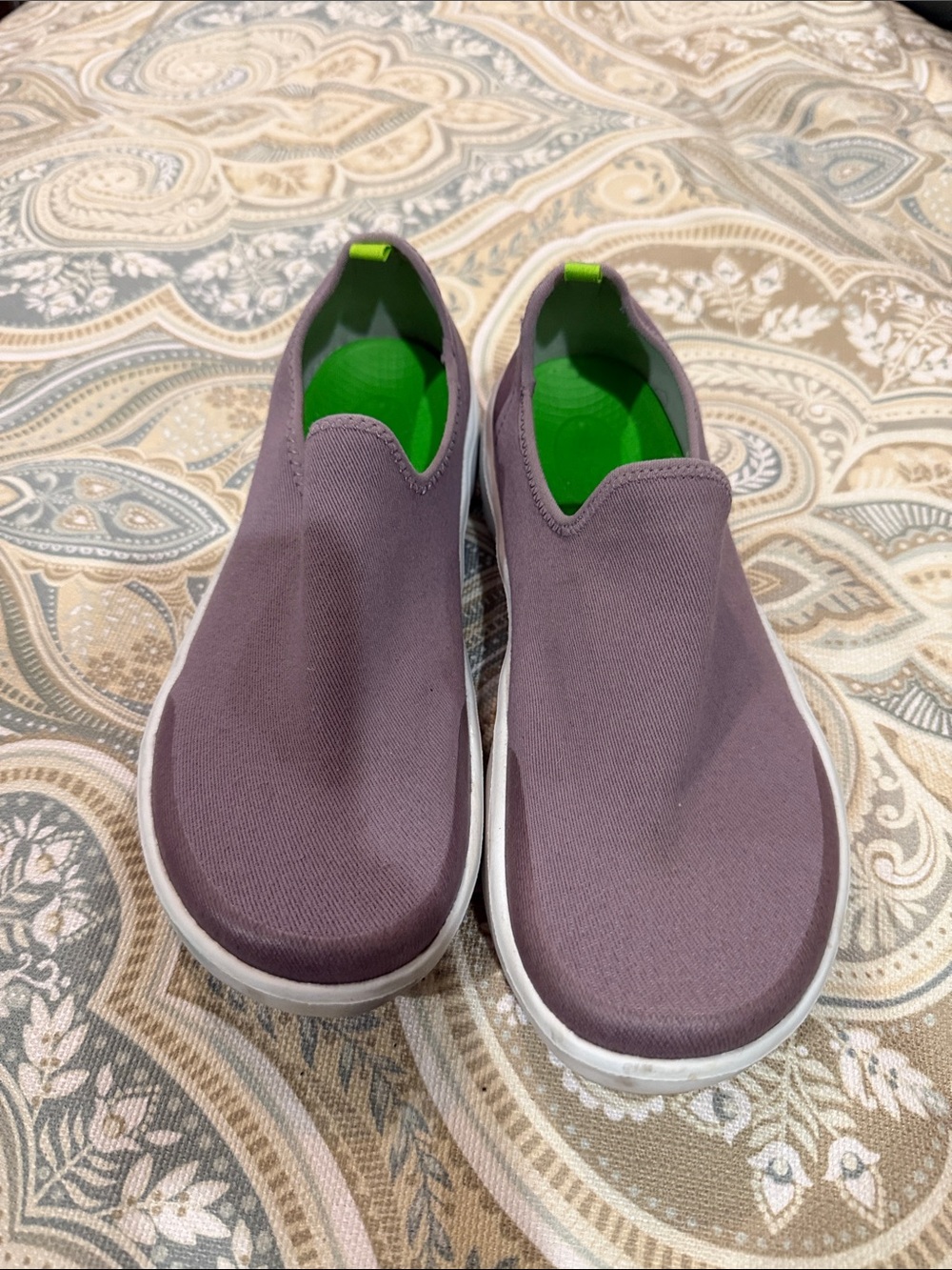 OOFOS Slip-On Shoes in Plum with Bright Green Insole